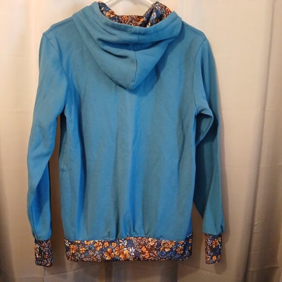 Hawaiian Floral Henley Hoodie Sweatshirt women S Blue Gold contrast Pullover - Picture 5 of 7
